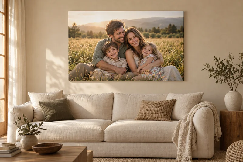 Design example: a family photo displayed as wall art in a bright living room.