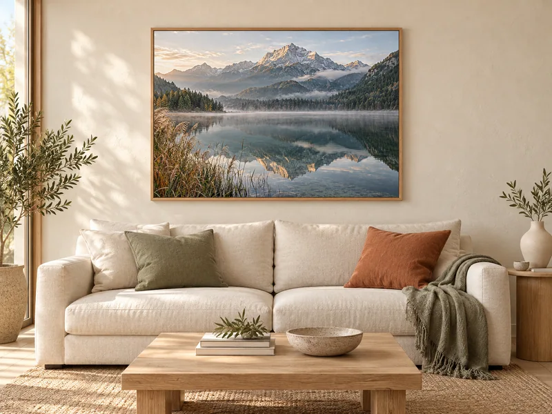 Design example: a mountain and lake photo displayed as wall art above a sofa.