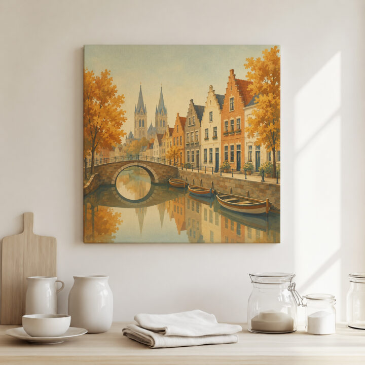 Canvas print Autumn Canal City and Bridge