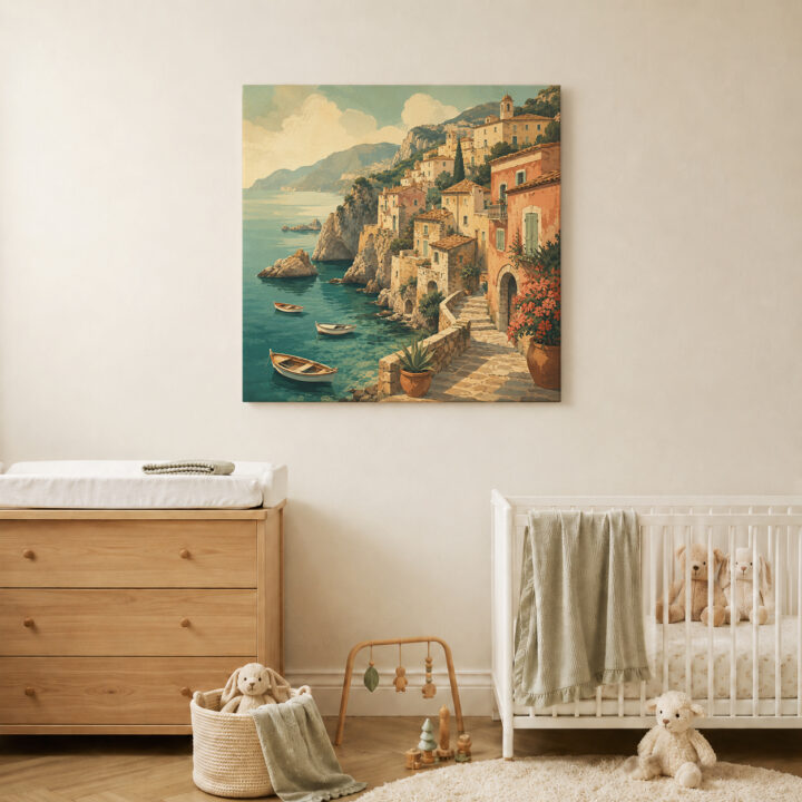 Canvas print Coastal Village Above a Blue Bay