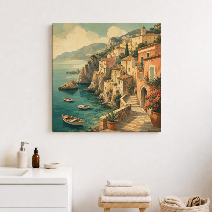 Canvas print Coastal Village Above a Blue Bay