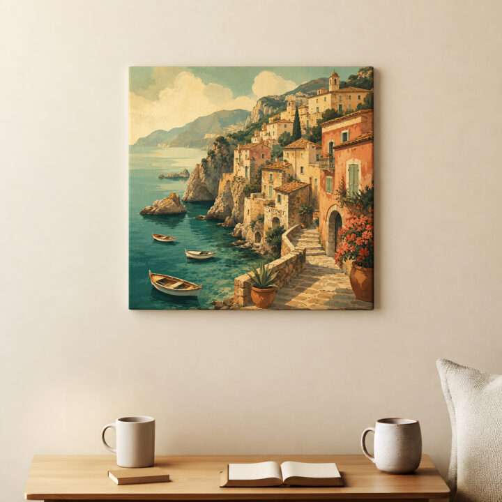 Canvas print Coastal Village Above a Blue Bay