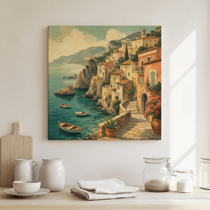 Canvas print Coastal Village Above a Blue Bay