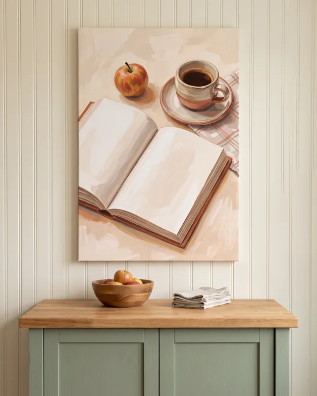Canvas print – Open Book with Coffee on a Checked Cloth