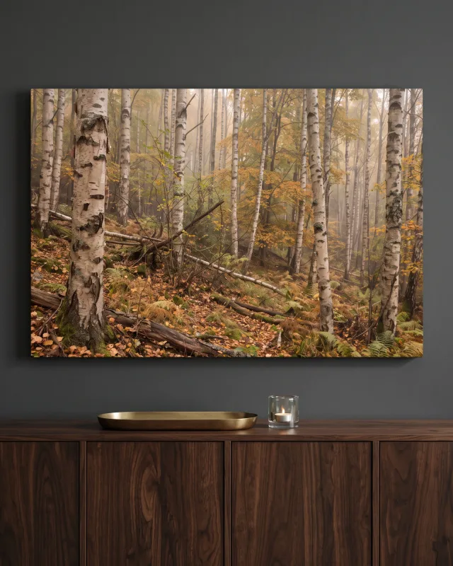 Canvas print – Birch Forest with Ferns and Fallen Logs