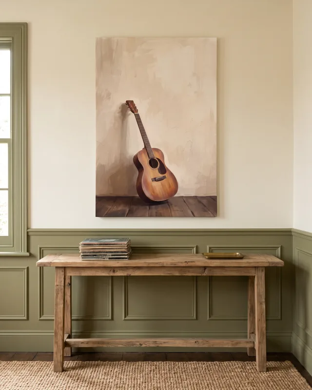 Canvas print – Honey-Coloured Guitar against a Pale Wall