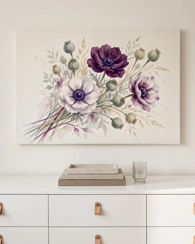 Canvas print – Watercolor Bouquet with Purple Flowers and Seed Capsules