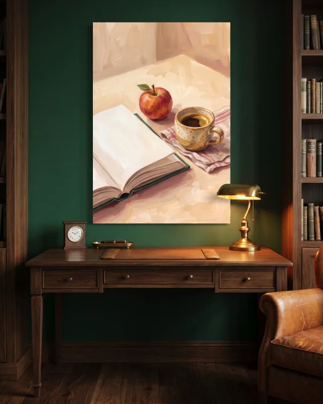 Canvas print – Coffee on a Striped Cloth with a Book and Apple