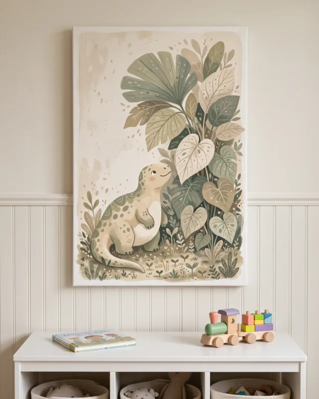 Canvas print – Little Dinosaur beneath Giant Leaves