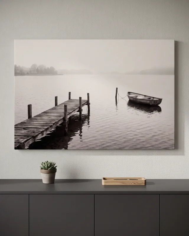 Canvas print – Misty Lake with Wooden Pier and Boat – Canvas Art
