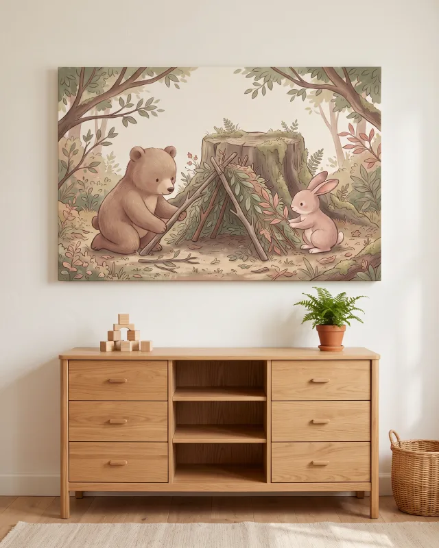 Canvas print – Bear and Rabbit Build a Leaf Shelter in the Forest