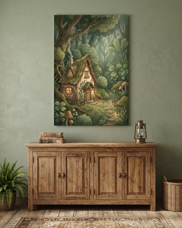 Canvas print – Leaf-Roof Cottage with Warm Windows