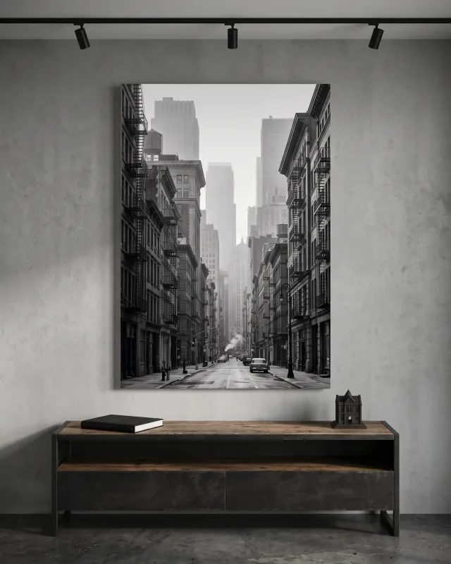 Canvas print – Misty Street between Tall Façades