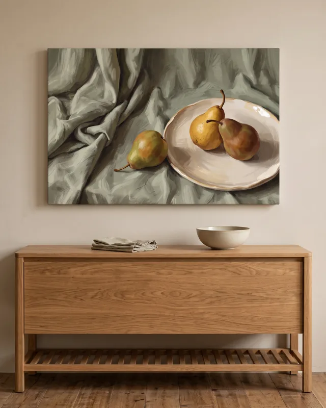 Canvas print – Golden-Green Pears on a Pale Plate
