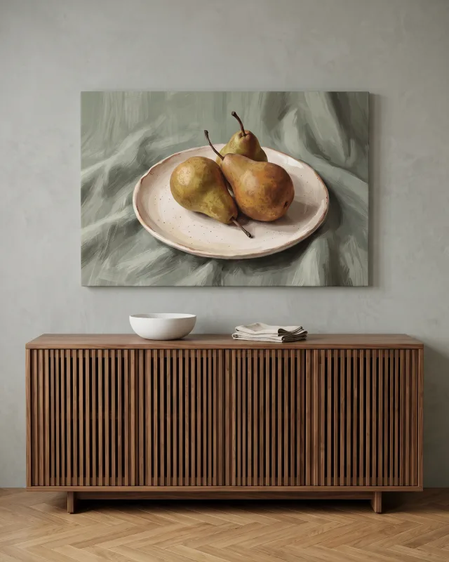 Canvas print – Speckled Pears before Grey-Green Folds