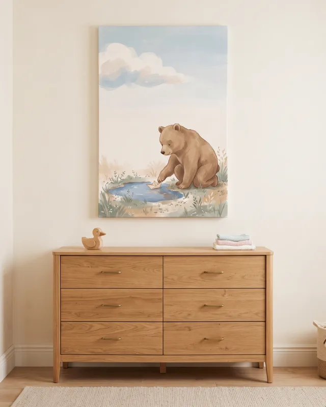 Canvas print – Bear by a Pond with a Paper Boat