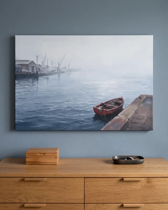 Canvas print – Misty Harbor with a Red Rowboat