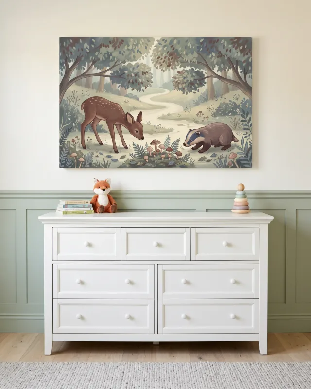 Canvas print – Deer and Badger on a Woodland Path