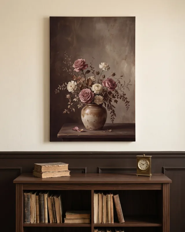 Canvas print – Dusty Pink Roses in an Earth-toned Vase