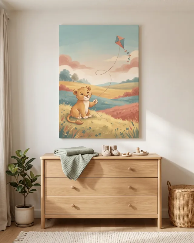 Canvas print – Lion Cub Flying a Kite in a Meadow