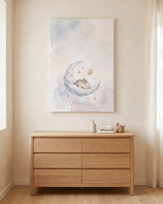 Canvas print – Sleeping Rabbit on a Cloud with Moon and Stars